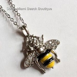 Silver Crystal Bumble Bee Necklace 18" Yellow